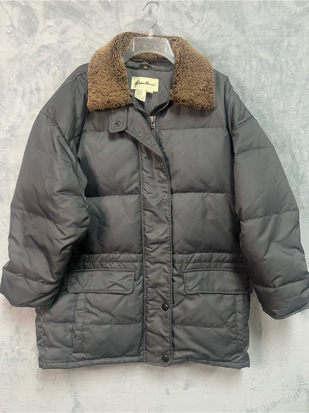 Vtg Eddie Bauer Goose Down Puffer Parka Jacket Womens XL Gray Mouton Fur Collar